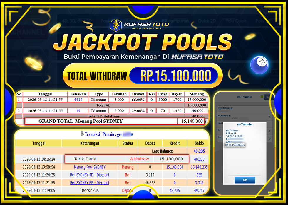 MUFASATOTO JACKPOT POOL SIDNEY Rp.15.140.000 |LUNAS